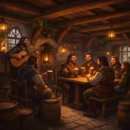 A tavern full of people with a bard playing